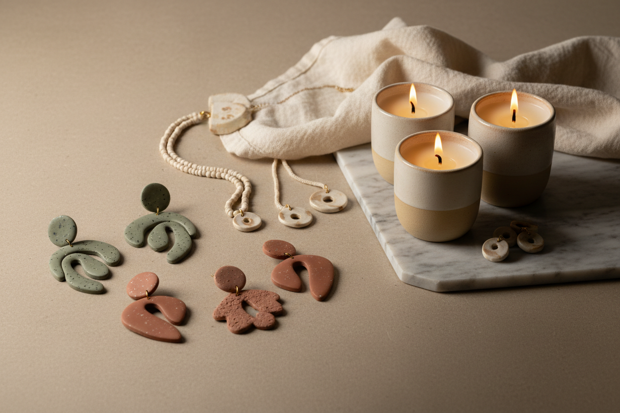 create a luxury modern image for hero with very good high quality, 4k. make sure i can put white color text. as well consider that i am selling polymer clay earrings, ceramics for jewelry and candles and soya wax candles.